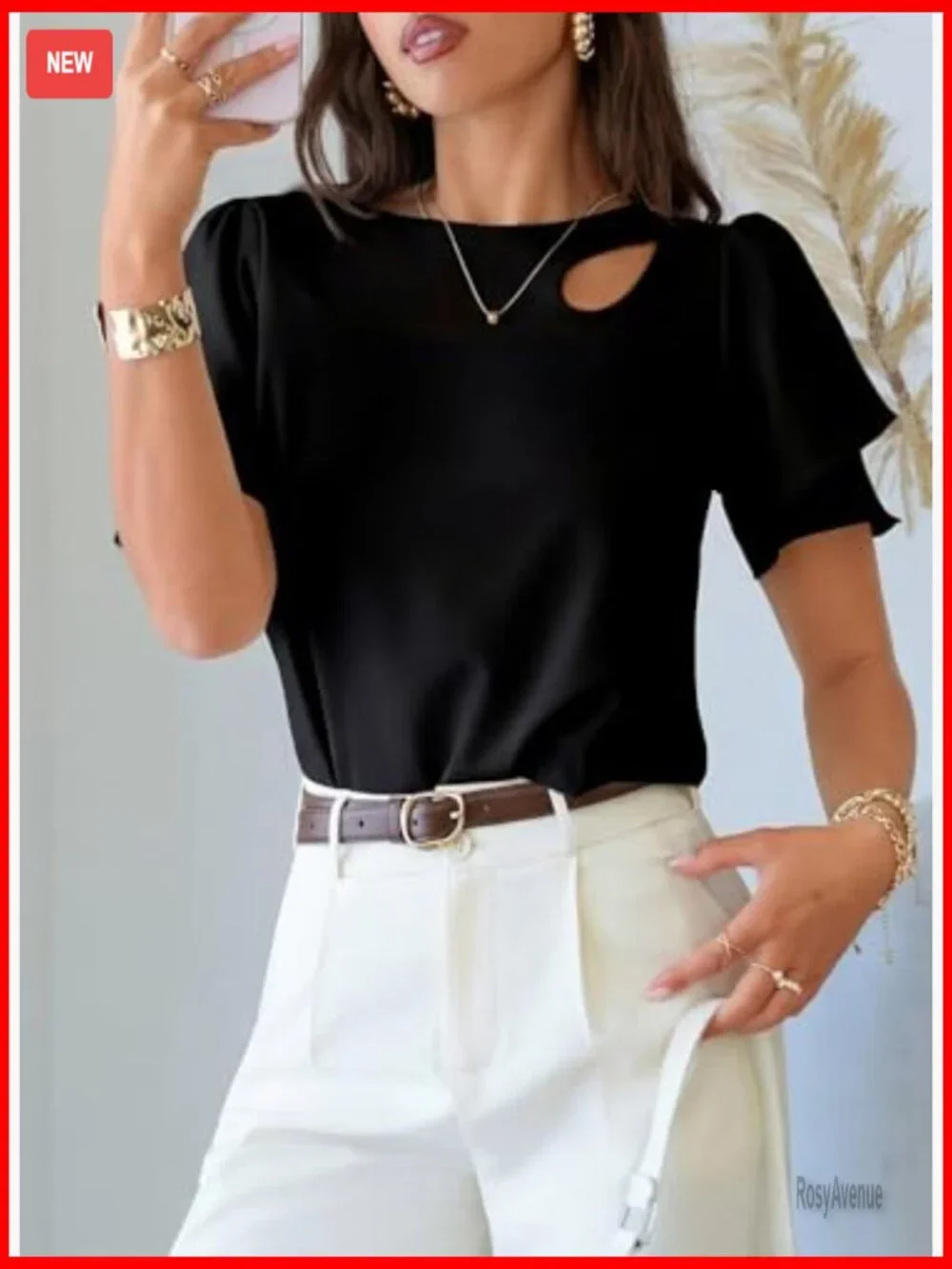 Double Layer Ruffle Sleeve Crewneck Cut-Out Blouse - Picture 2 of 7